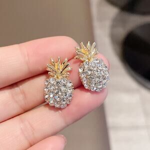 Pineapple Crystal Rhinestones Gold Post Earrings Studs Jewelry Tropical Fruit